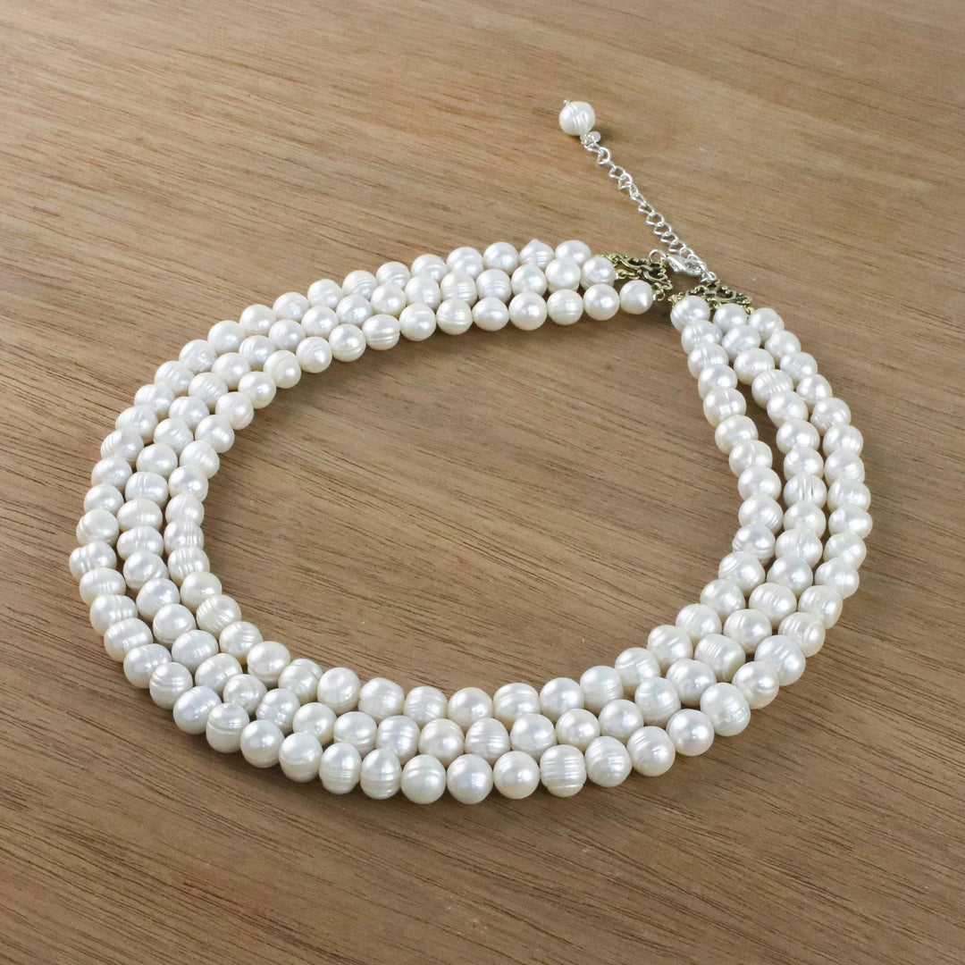Artisan Crafted Thai Triple White Pearl Strand Necklace - Triple White Halo