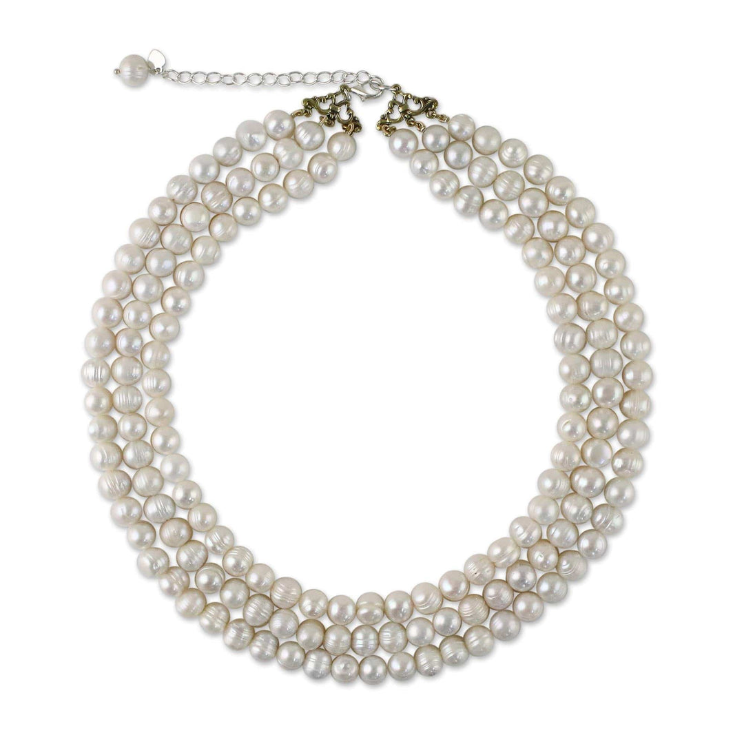 Artisan Crafted Thai Triple White Pearl Strand Necklace - Triple White Halo