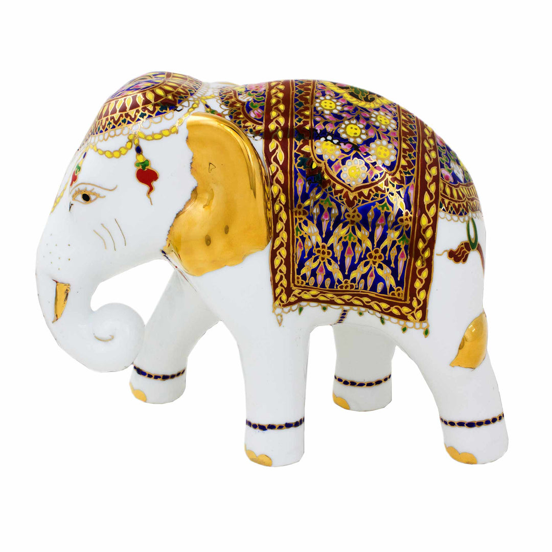 Porcelain Thai Elephant Statuette with Gold and Enamel - Elegant Elephant