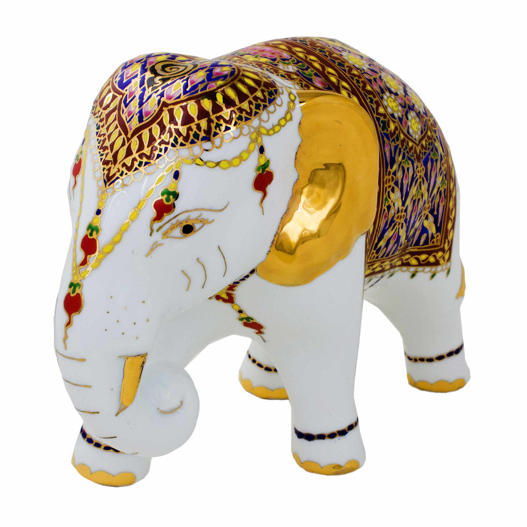 Porcelain Thai Elephant Statuette with Gold and Enamel - Elegant Elephant