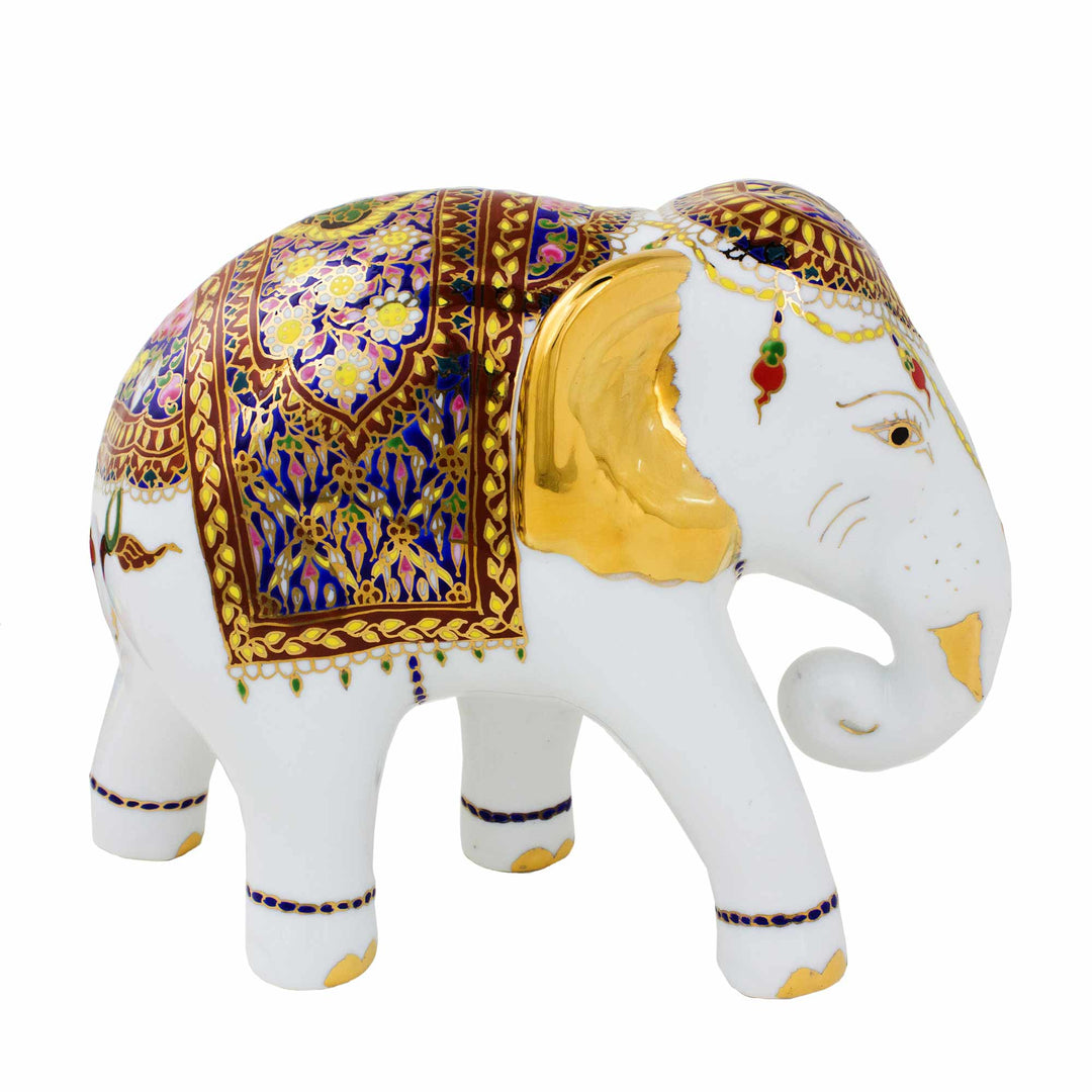 Porcelain Thai Elephant Statuette with Gold and Enamel - Elegant Elephant