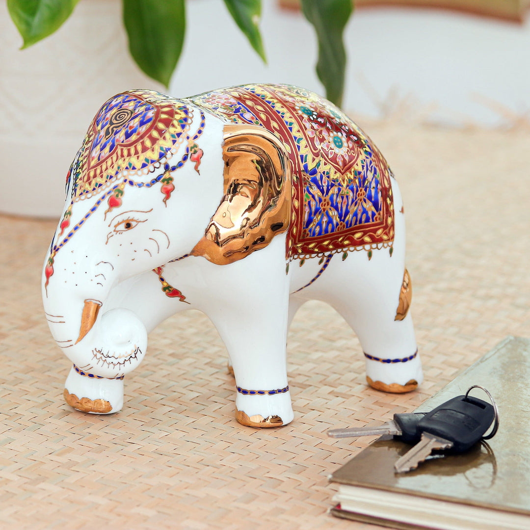 Porcelain Thai Elephant Statuette with Gold and Enamel - Elegant Elephant