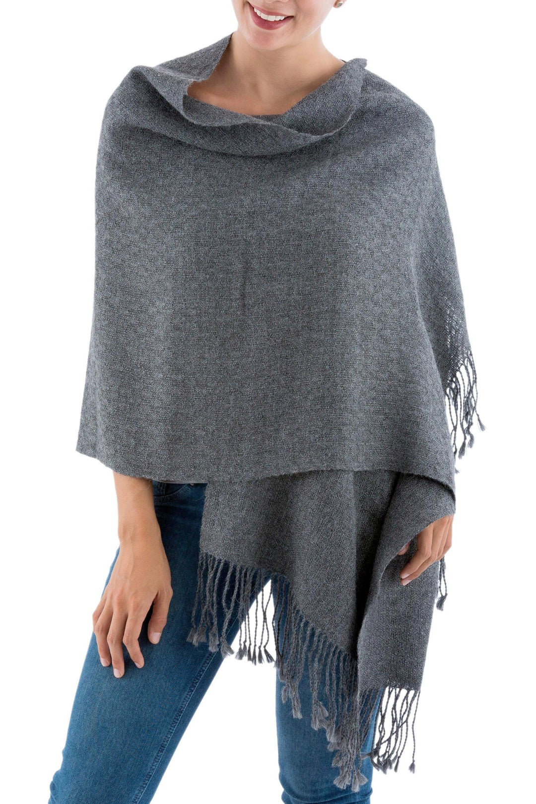 Backstrap Loom Handwoven Alpaca Shawl in Charcoal Grey - Timeless in Charcoal