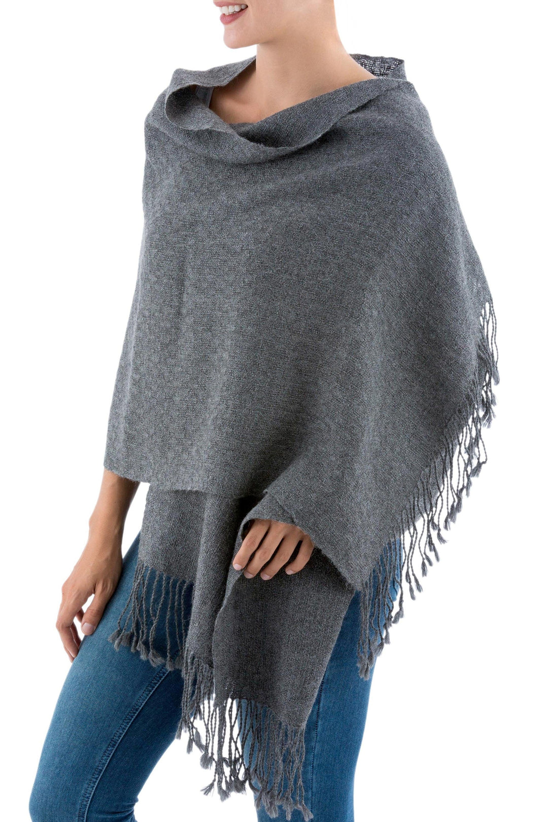 Backstrap Loom Handwoven Alpaca Shawl in Charcoal Grey - Timeless in Charcoal