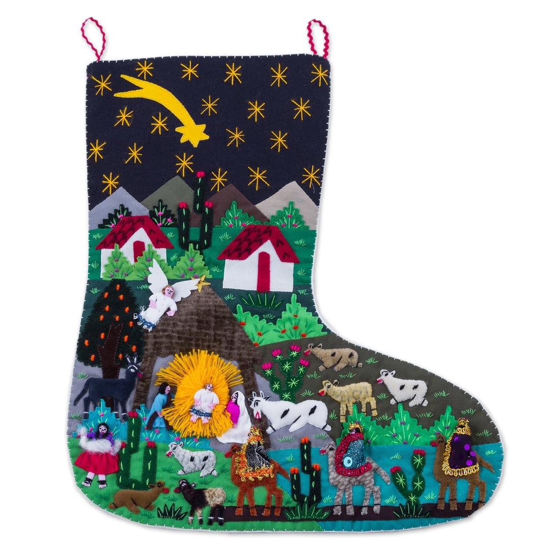 Handcrafted Andean Applique Christmas Stocking - Village Nativity
