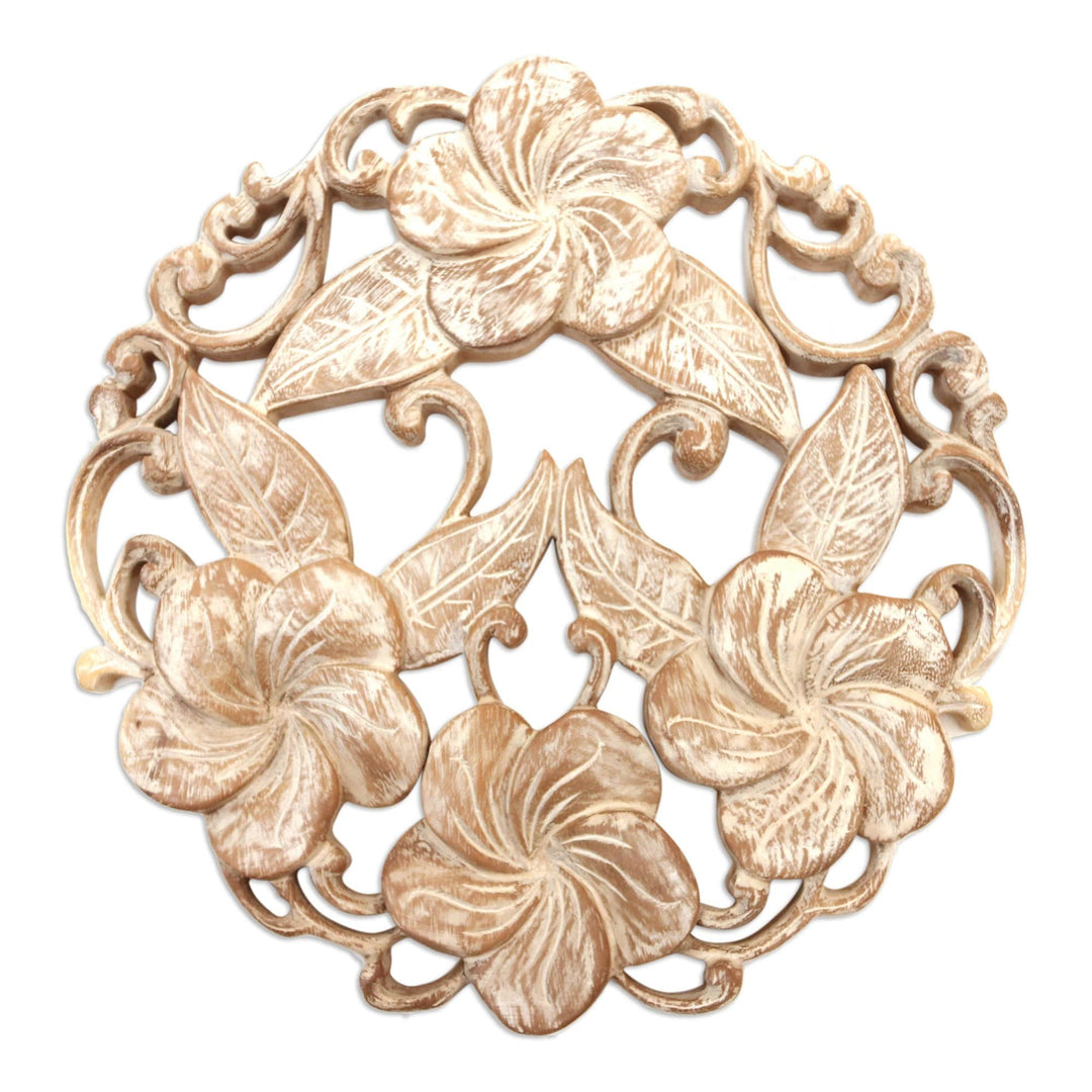 Hand Carved Balinese Plumeria Wreath Relief Panel - Plumeria Wreath