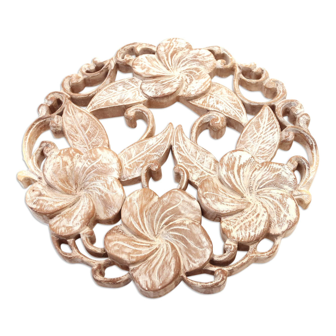 Hand Carved Balinese Plumeria Wreath Relief Panel - Plumeria Wreath