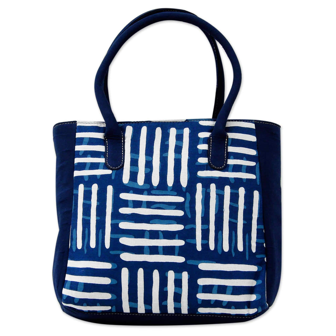 Indigo Blue Cotton Tote Bag with Three Pockets - Blue Directions