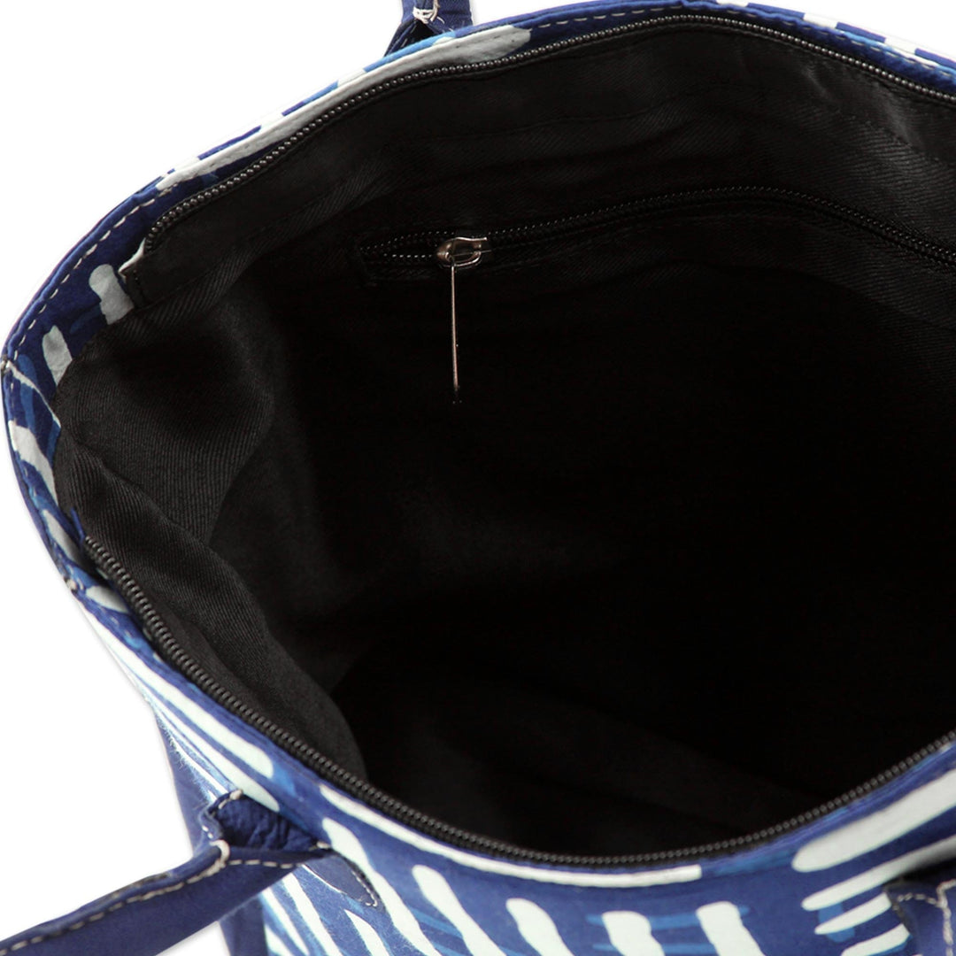 Indigo Blue Cotton Tote Bag with Three Pockets - Blue Directions
