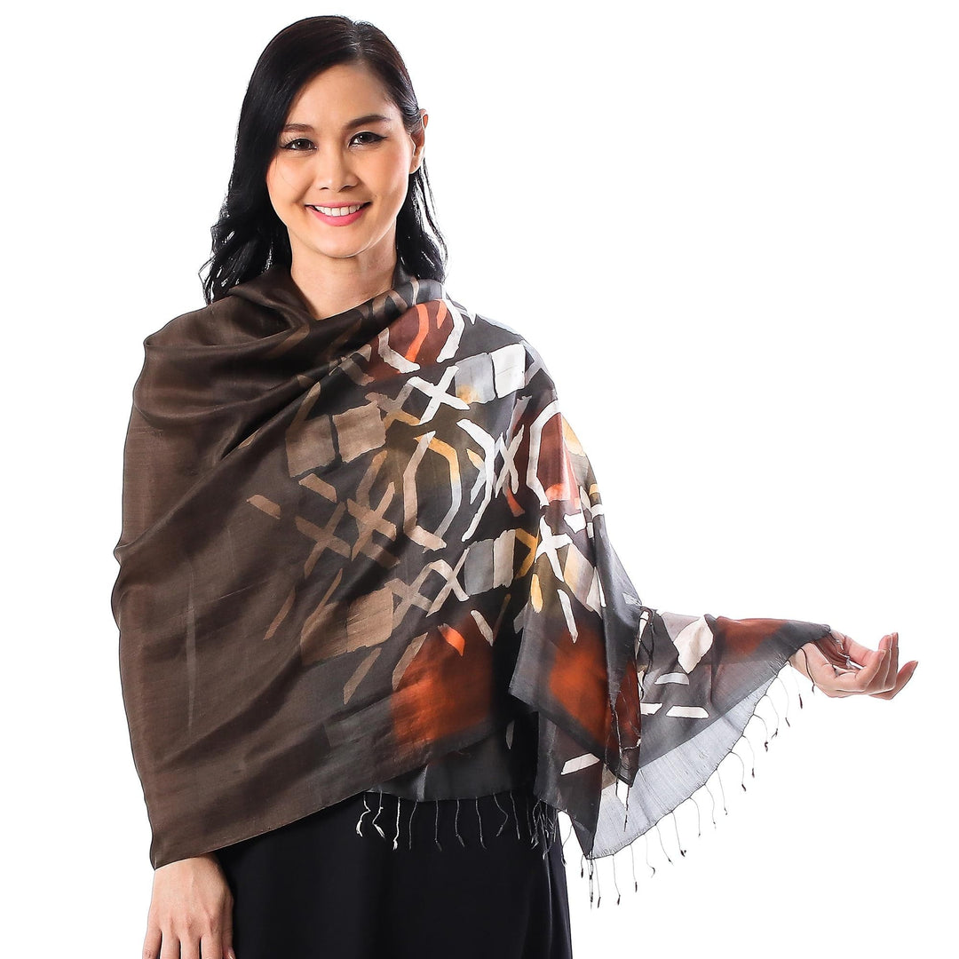 Dark Brown Silk Batik Shawl with Orange and Yellow - Psychedelic Tic-Tac-Toe