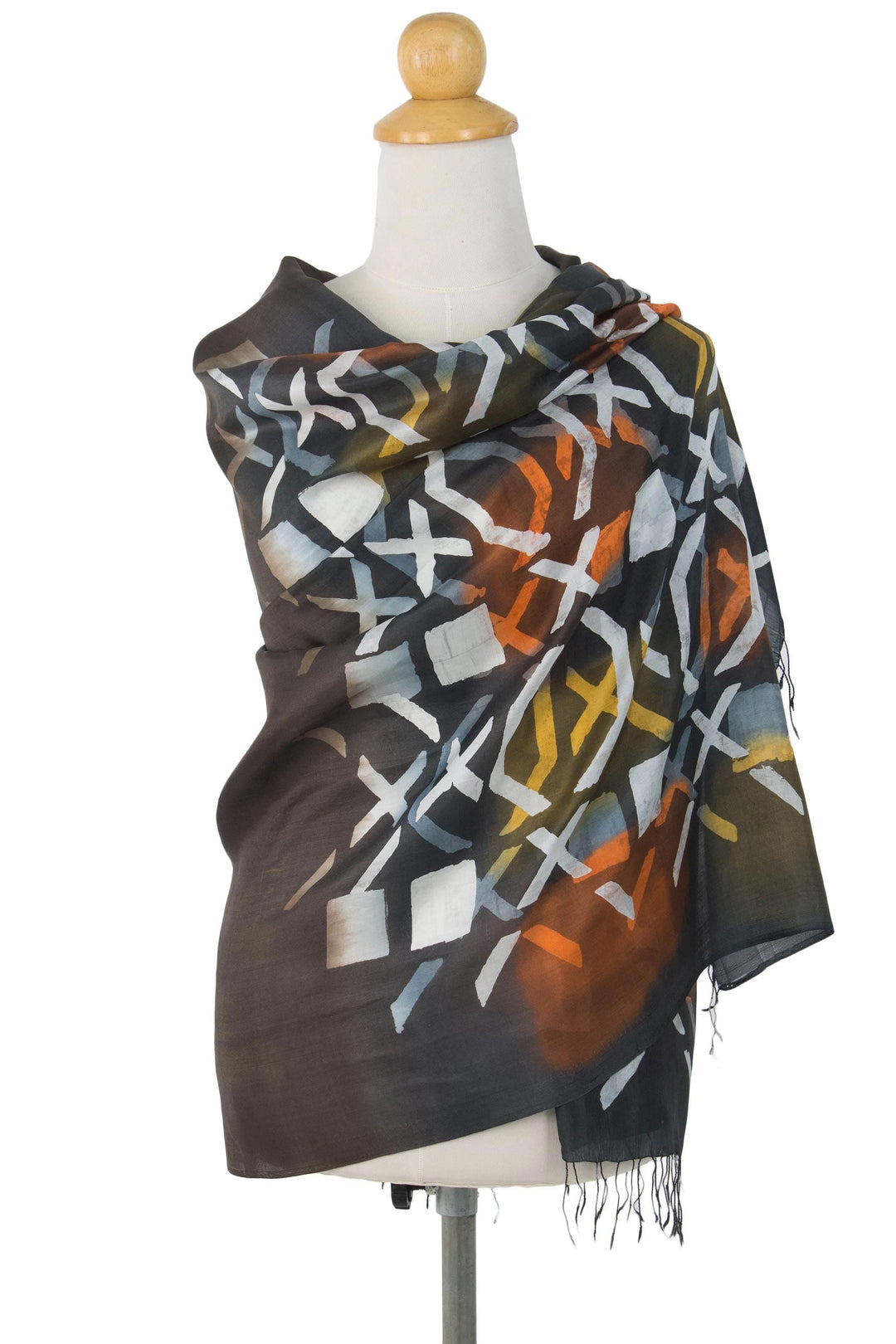 Dark Brown Silk Batik Shawl with Orange and Yellow - Psychedelic Tic-Tac-Toe