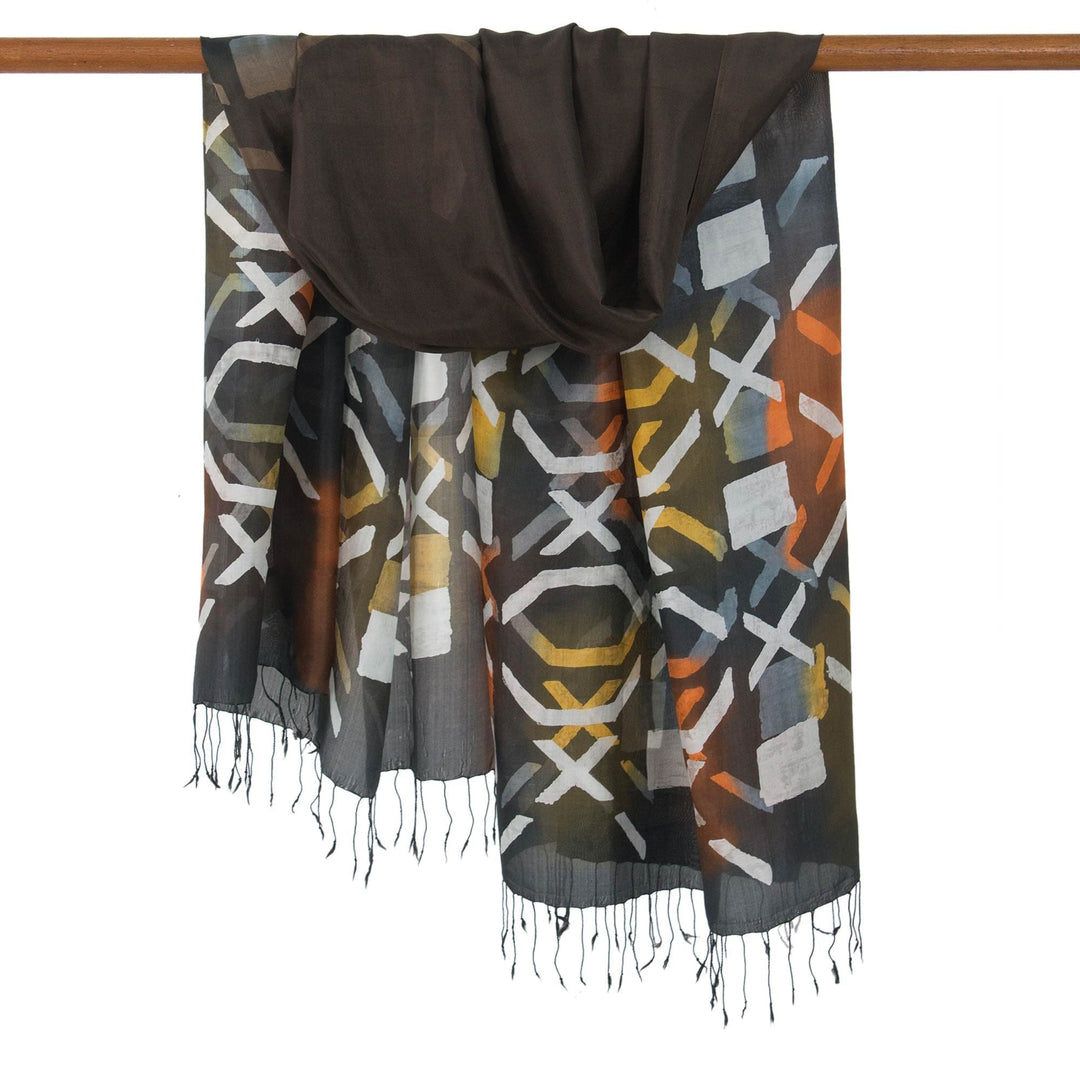Dark Brown Silk Batik Shawl with Orange and Yellow - Psychedelic Tic-Tac-Toe