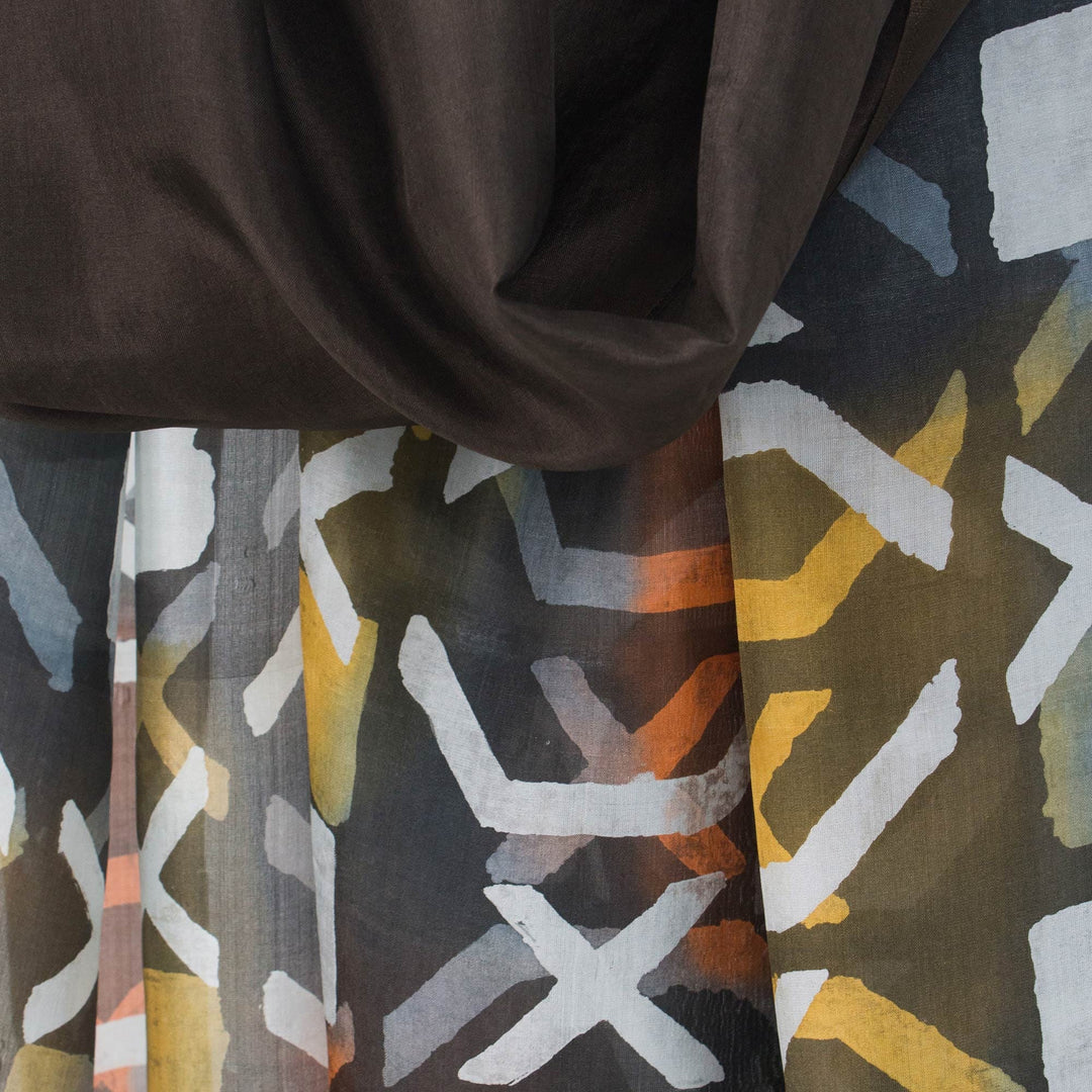 Dark Brown Silk Batik Shawl with Orange and Yellow - Psychedelic Tic-Tac-Toe