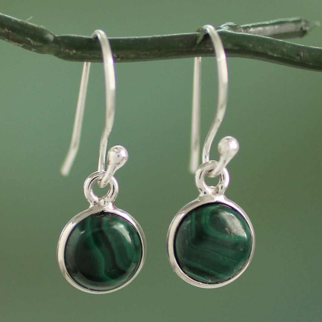 High Polish Sterling Silver and Malachite Dangle Earrings - Malachite Spheres
