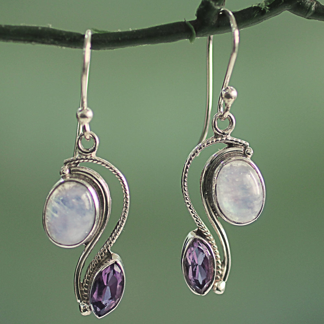 Handcrafted Amethyst and Rainbow Moonstone Earrings - Colorful Curves