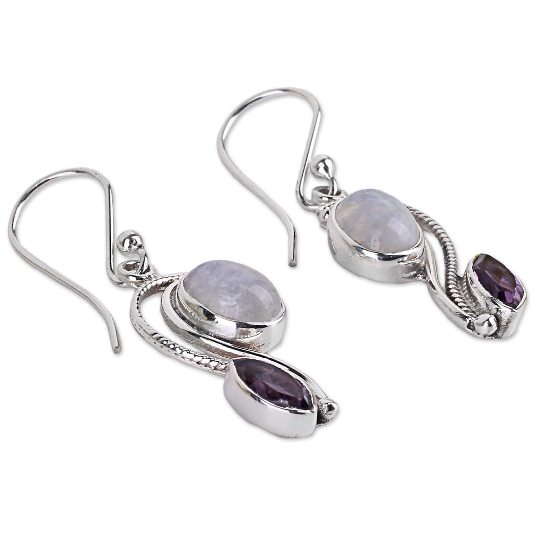 Handcrafted Amethyst and Rainbow Moonstone Earrings - Colorful Curves