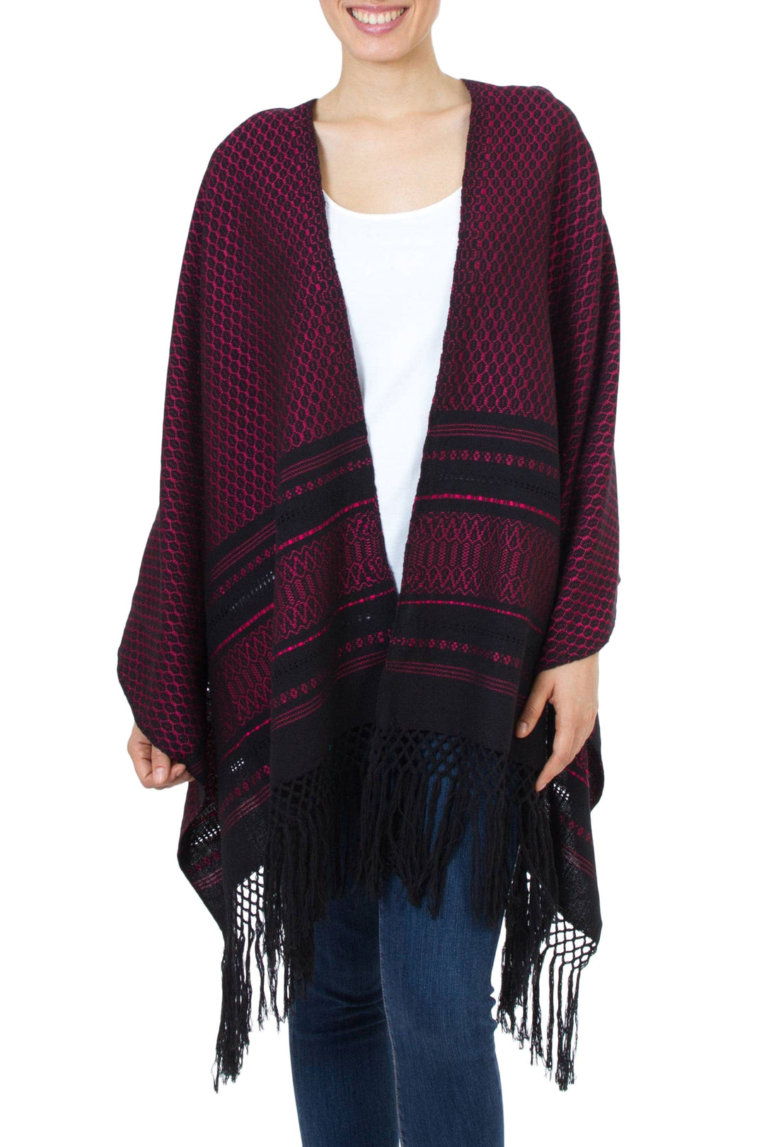 Zapotec Handwoven Rebozo Shawl in Black and Fuchsia - Zapotec Fiesta in Fuchsia