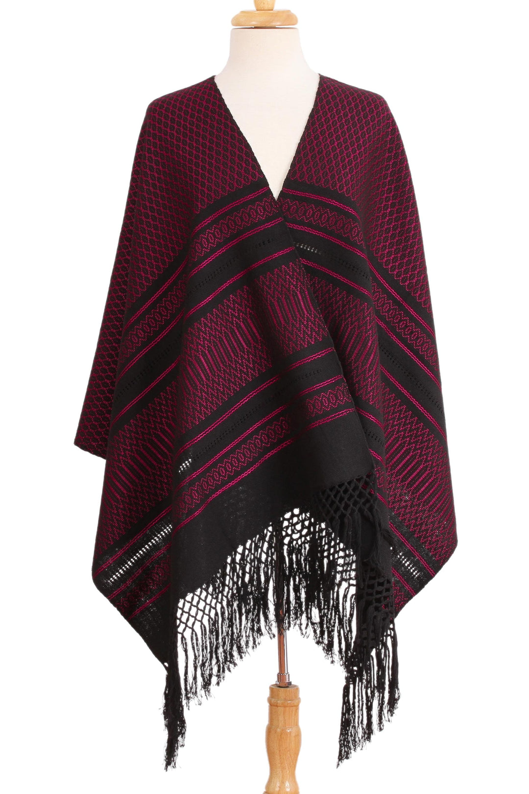 Zapotec Handwoven Rebozo Shawl in Black and Fuchsia - Zapotec Fiesta in Fuchsia
