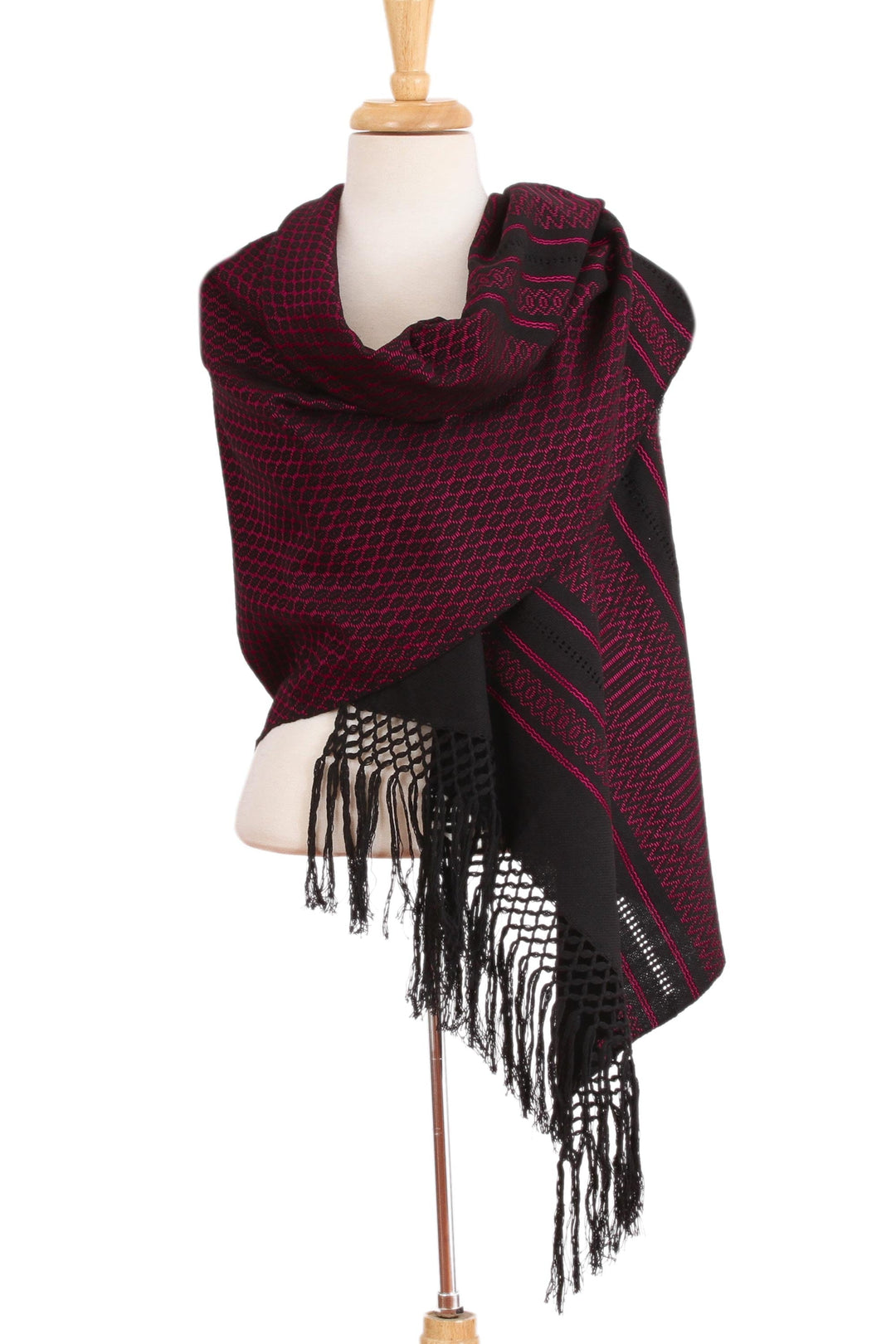 Zapotec Handwoven Rebozo Shawl in Black and Fuchsia - Zapotec Fiesta in Fuchsia