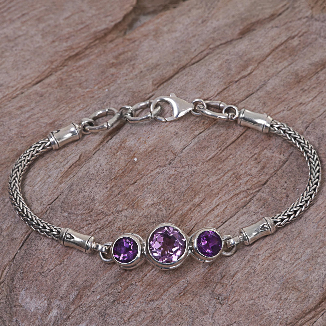 925 Sterling Silver and Amethyst Engraved Bracelet from Bali - Mystic Bamboo