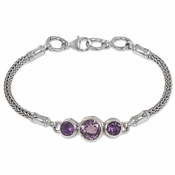925 Sterling Silver and Amethyst Engraved Bracelet from Bali - Mystic Bamboo
