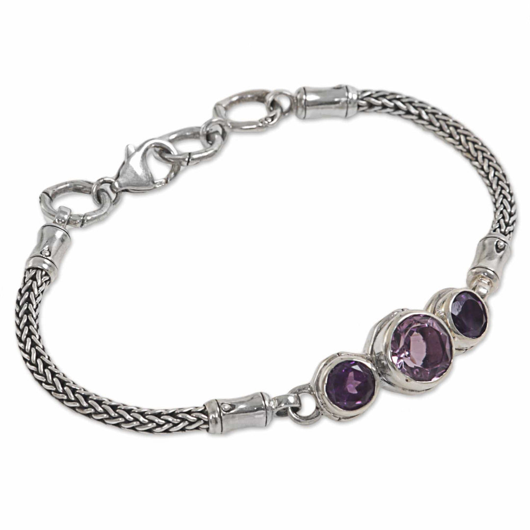 925 Sterling Silver and Amethyst Engraved Bracelet from Bali - Mystic Bamboo