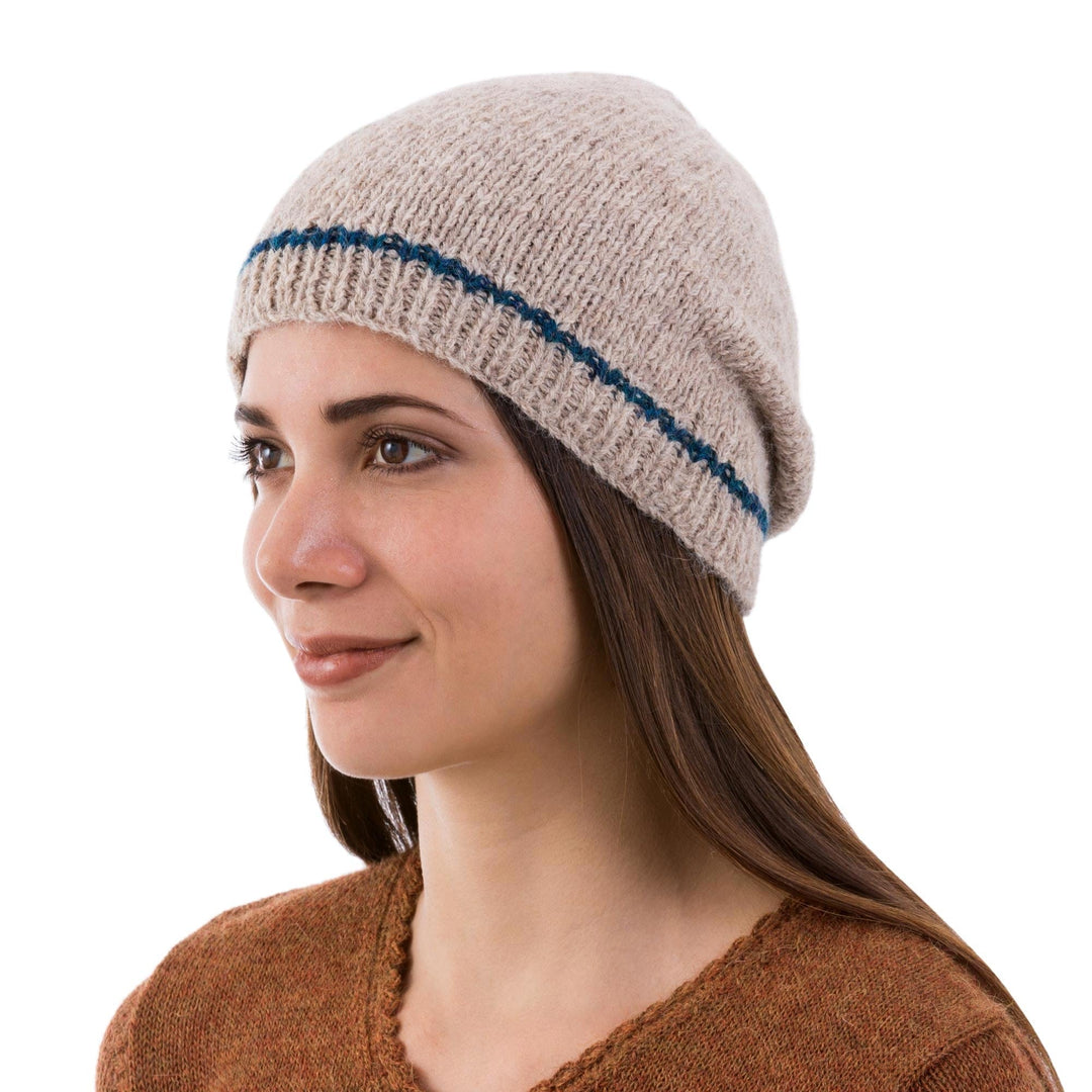 Ecru and Indigo Alpaca Winter Hat Beanie Hand Knit in Peru - Minimalist by Design in Ecru