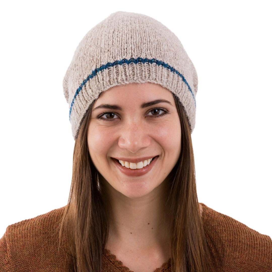 Ecru and Indigo Alpaca Winter Hat Beanie Hand Knit in Peru - Minimalist by Design in Ecru