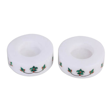 Round Marble Tealight Holder with Green Blooming Buds (Pair) - Floral Symmetry in Green