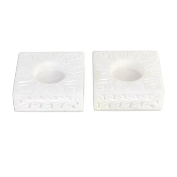 Square Marble Tealight Holder with Engraved Vines (Pair) - White Garden