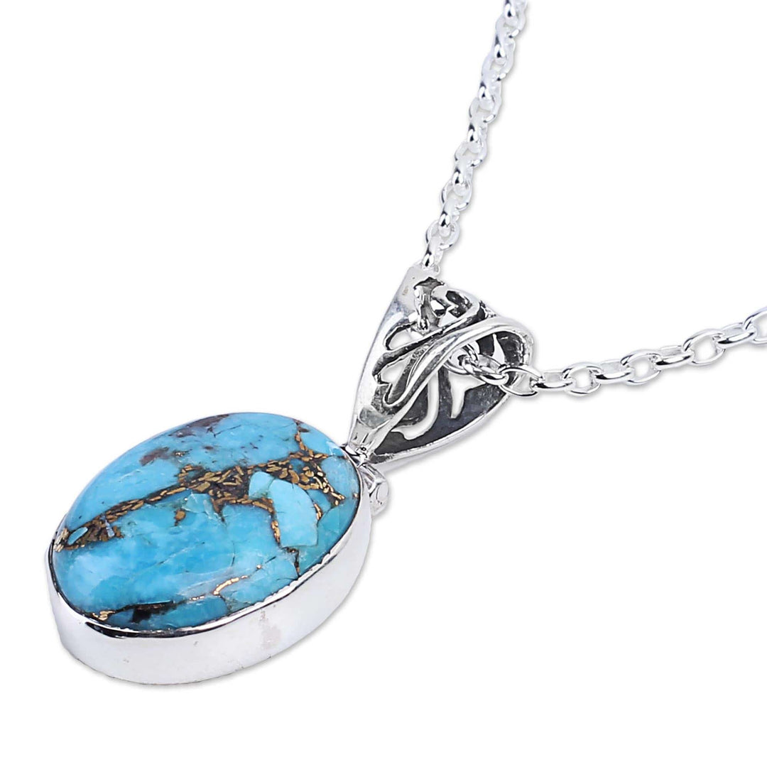 Blue Turquoise Sterling Silver Pendant Necklace India - Mystical Blue