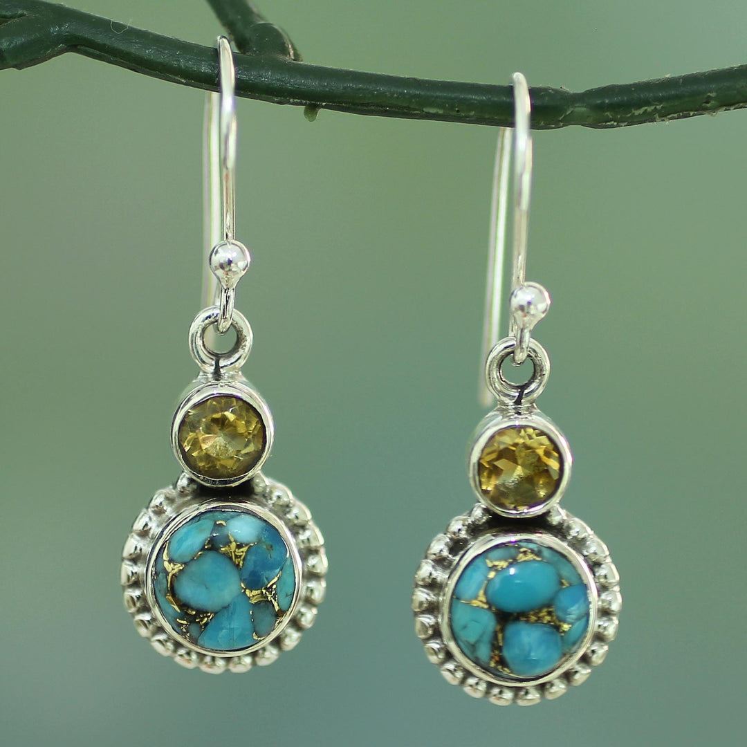 Citrine and Composite Turquoise Sterling Silver Earrings - Earth and Sun