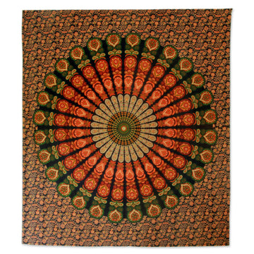 Orange Cotton Buddhist Mandala Bohemian Wall Tapestry - Leafy Mandala