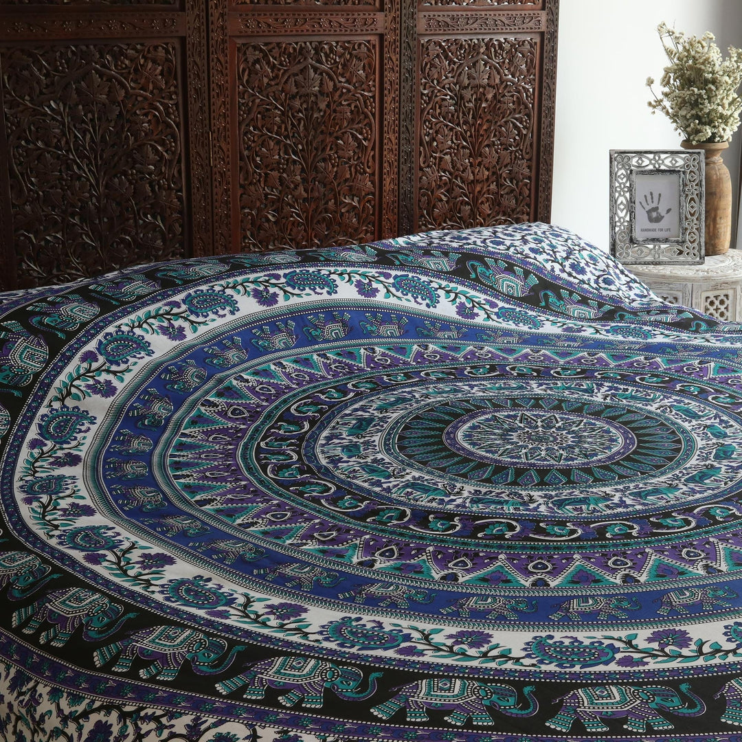 Printed Mandala Wall Hanging in Black and Blue - Beautiful Mandala
