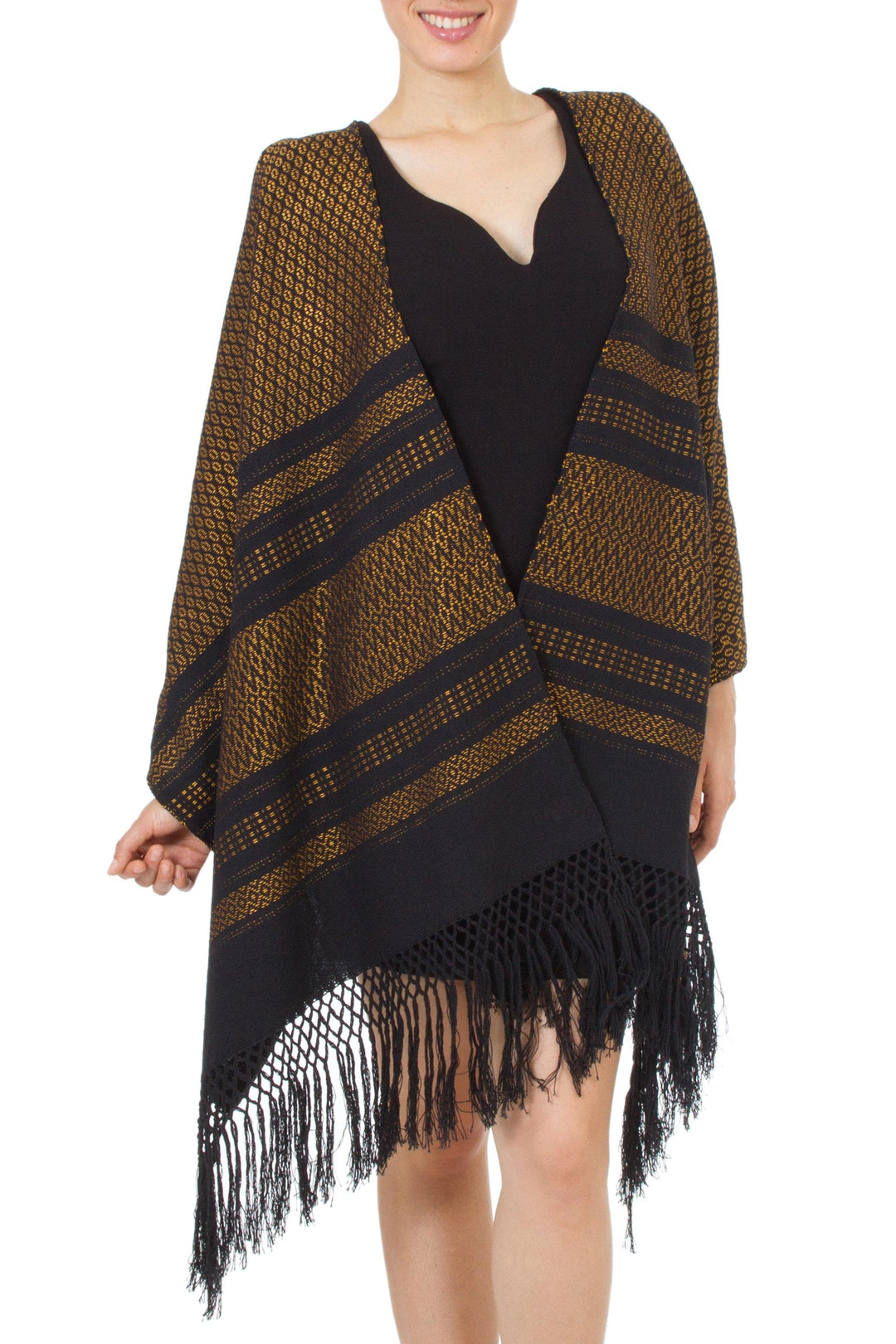 Zapotec Handwoven Rebozo Shawl in Black and Marigold - Fiesta in Black and Marigold