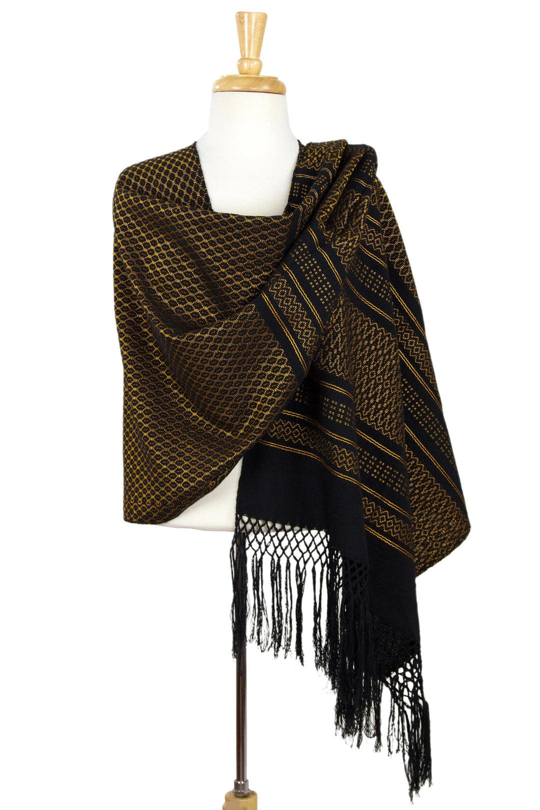 Zapotec Handwoven Rebozo Shawl in Black and Marigold - Fiesta in Black and Marigold