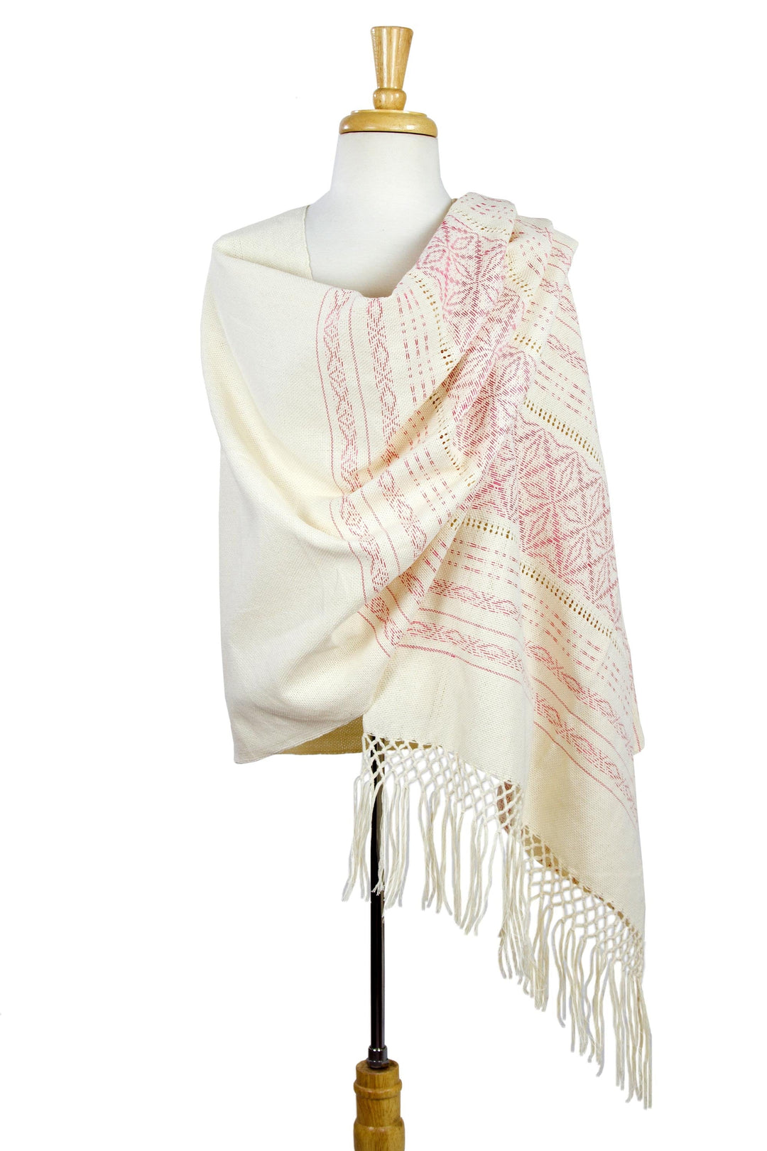 Pink and Creamy Cotton Handwoven Zapotec Shawl - Pink Stars of Teotitlan