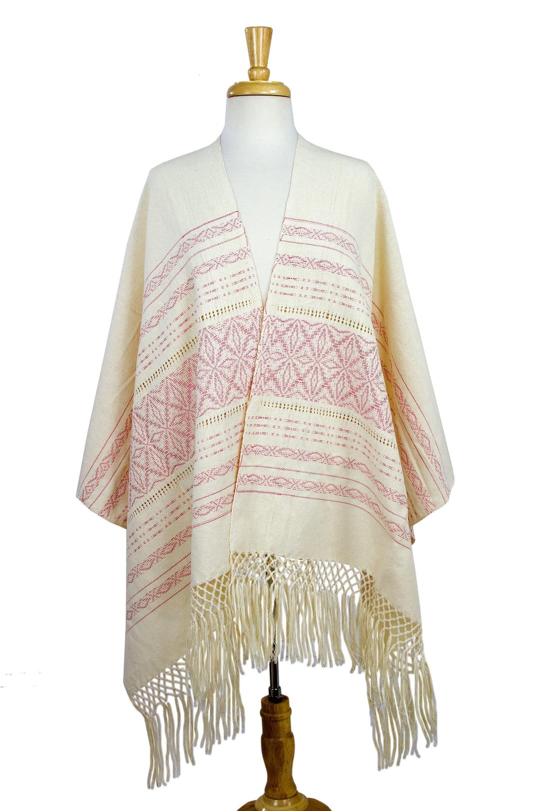 Pink and Creamy Cotton Handwoven Zapotec Shawl - Pink Stars of Teotitlan