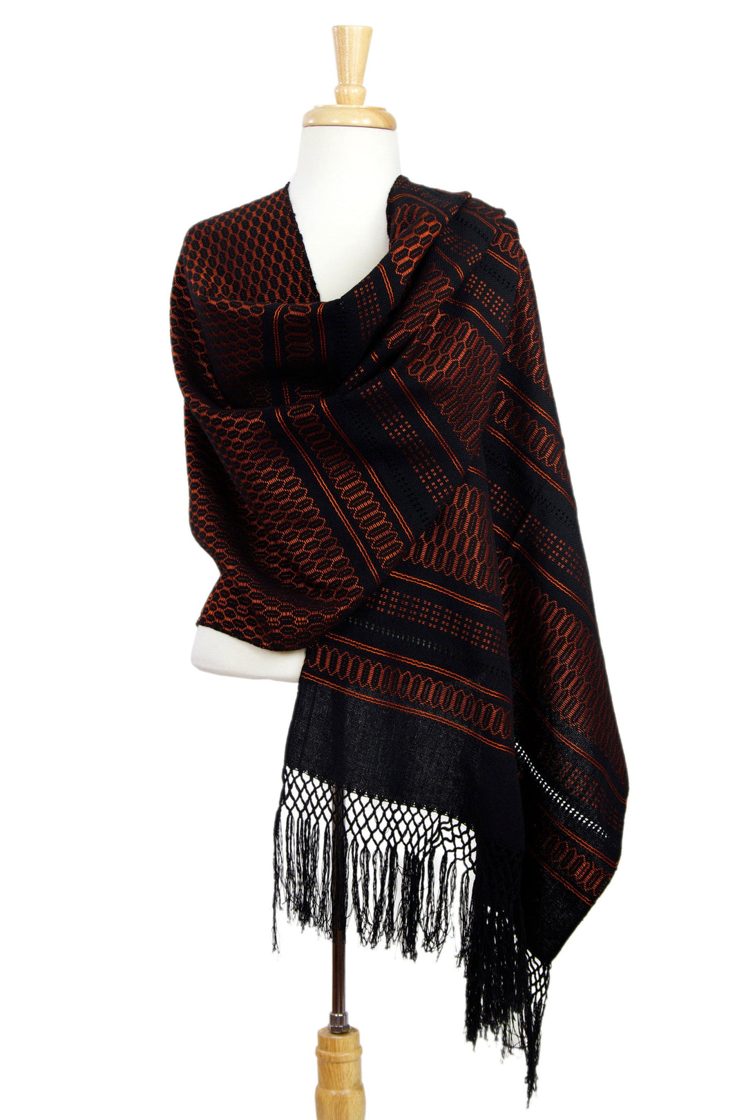 Black and Orange Handwoven Zapotec Rebozo Shawl - Fiesta in Black and Tangerine