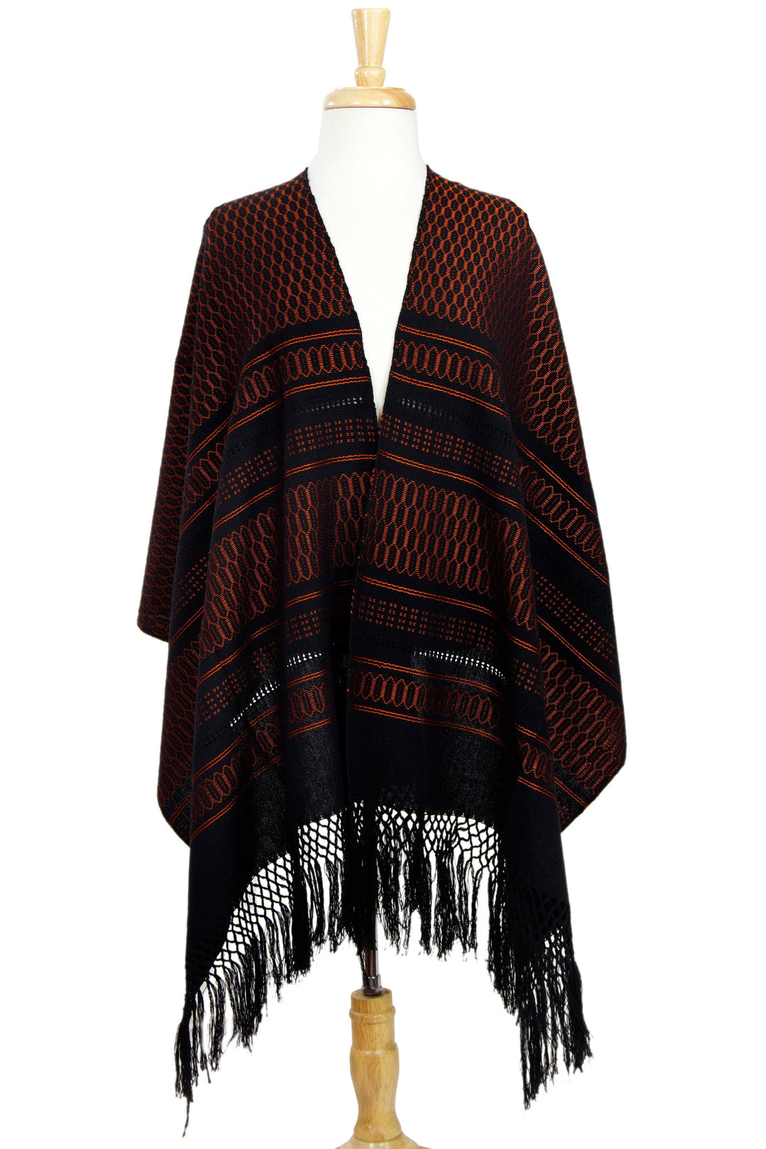 Black and Orange Handwoven Zapotec Rebozo Shawl - Fiesta in Black and Tangerine