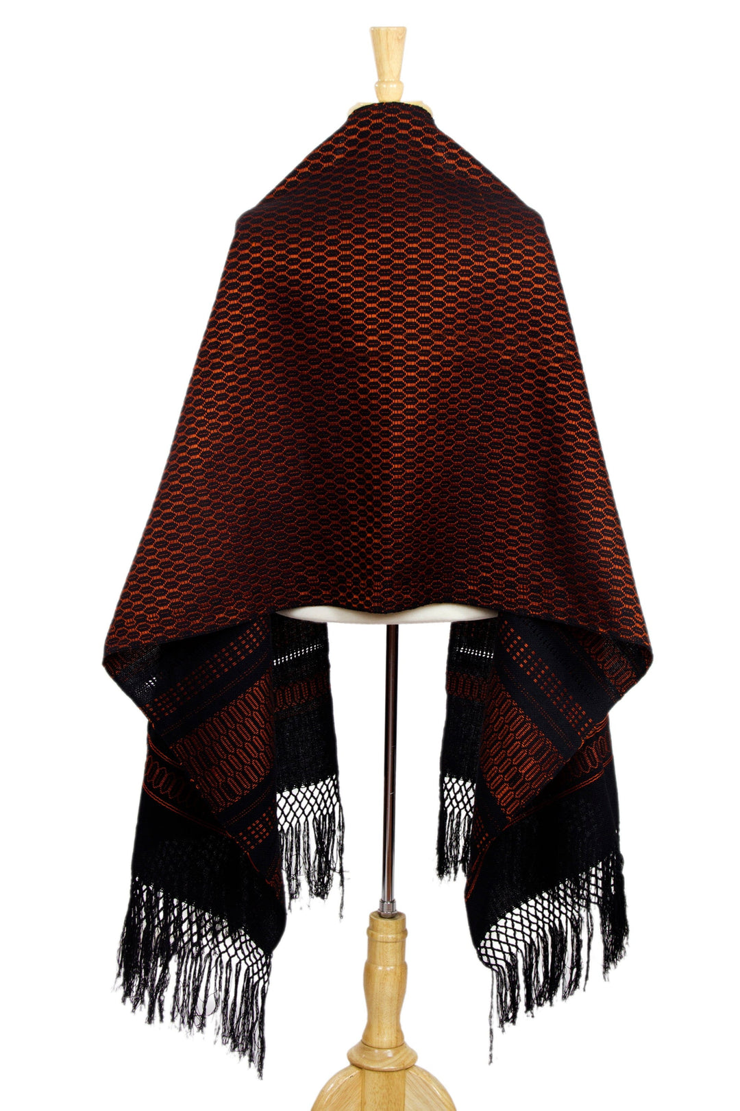 Black and Orange Handwoven Zapotec Rebozo Shawl - Fiesta in Black and Tangerine