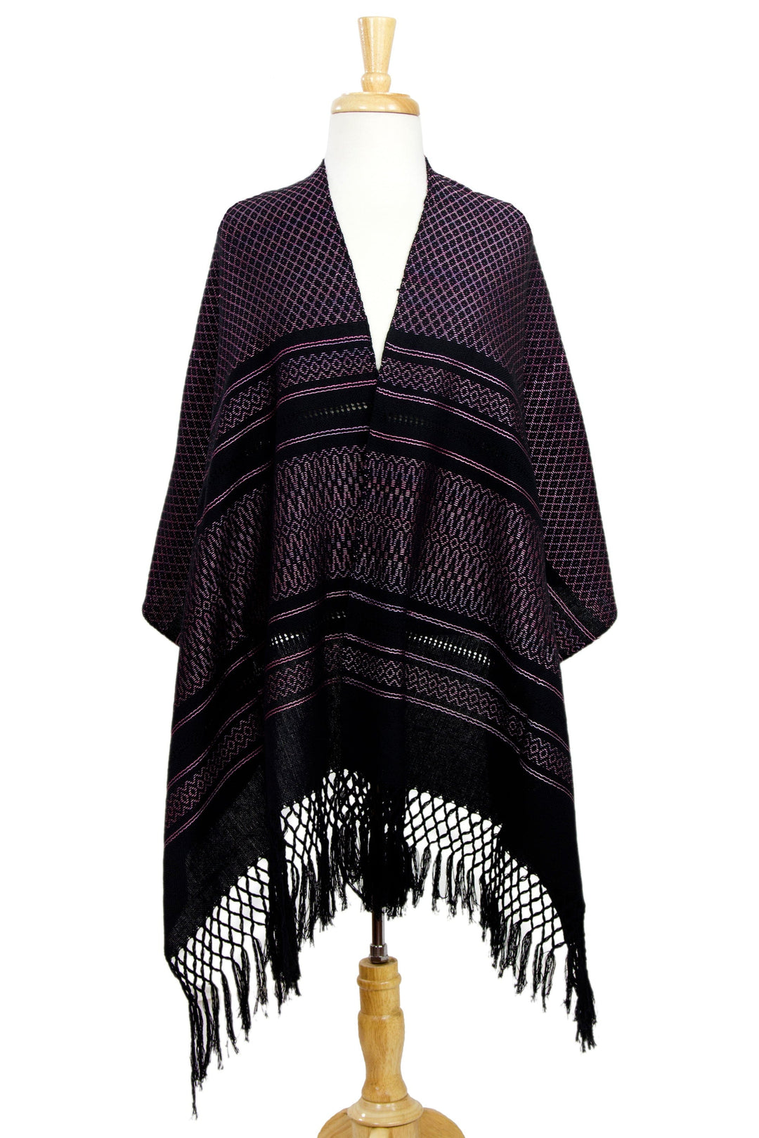 Black and Rosy Pink Handwoven Zapotec Rebozo Shawl - Fiesta in Black and Rose