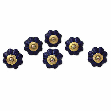 Hand Made Ceramic Cabinet Knobs Floral Blue (Set of 6) India - Floral Beauties in Indigo