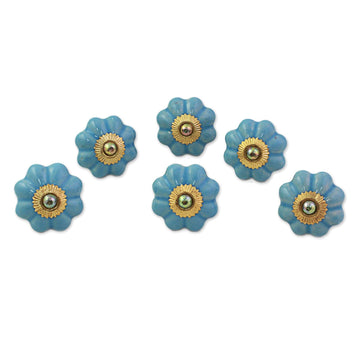 Ceramic Cabinet Knobs Floral Sky Blue (Set of 6) from India - Floral Beauties in Sky Blue