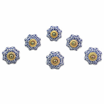 Ceramic Brass Cabinet Knobs Floral (Set of 6) from India - Radiant Blue Flowers