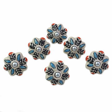 Hand Made Ceramic Cabinet Knobs Floral (Set of 6) India - Multicolored Flower Harmony