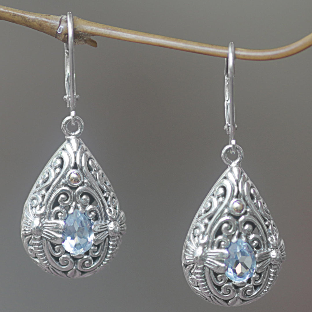 Sterling Silver and Blue Topaz Dragonfly Dangle Earrings - Dragonfly Duet