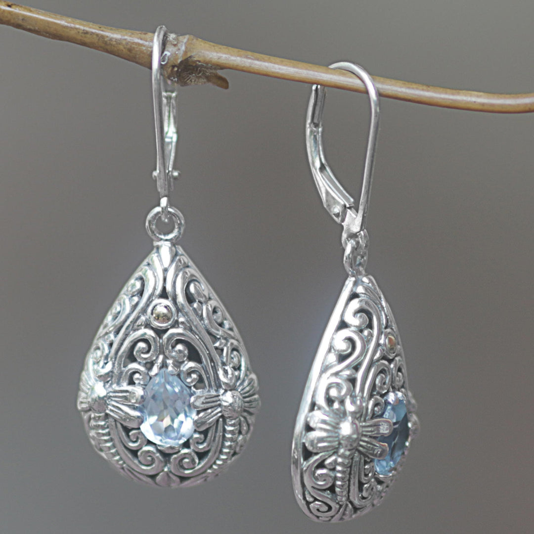 Sterling Silver and Blue Topaz Dragonfly Dangle Earrings - Dragonfly Duet