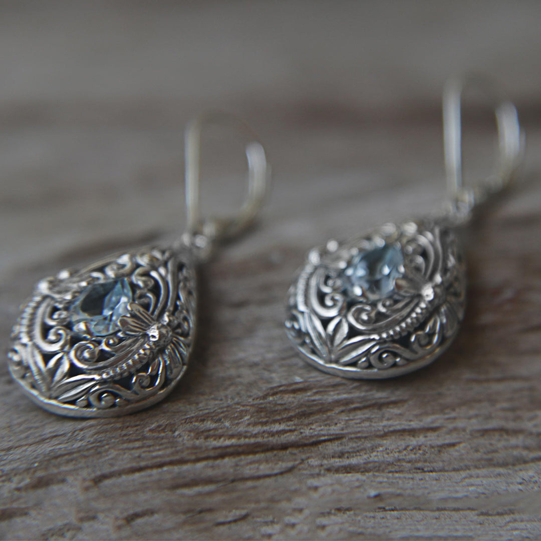 Sterling Silver and Blue Topaz Dragonfly Dangle Earrings - Dragonfly Duet