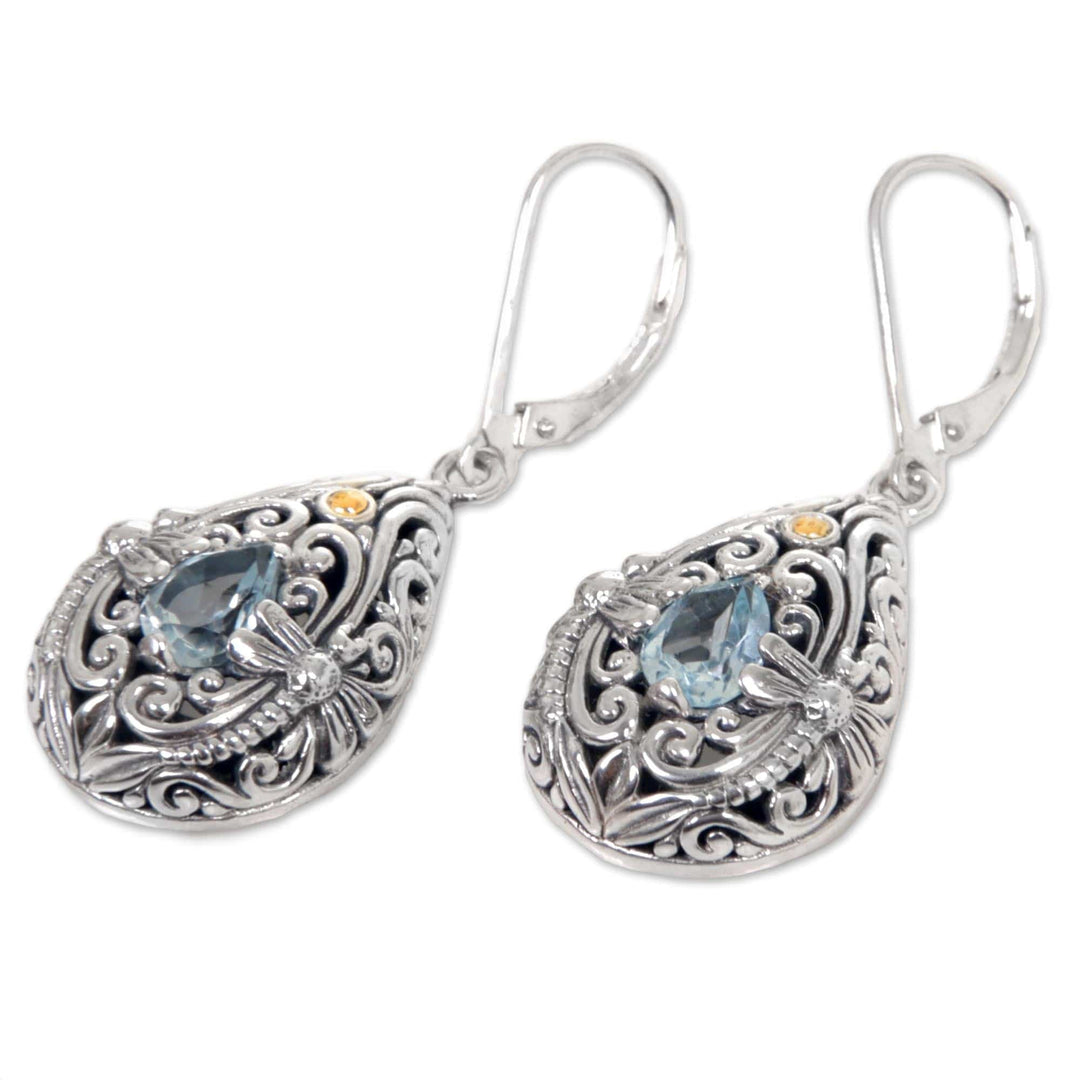 Sterling Silver and Blue Topaz Dragonfly Dangle Earrings - Dragonfly Duet